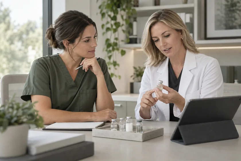Weight Management Illustrative image: Practice owner and pharmacist reviewing pharmacy sourcing options