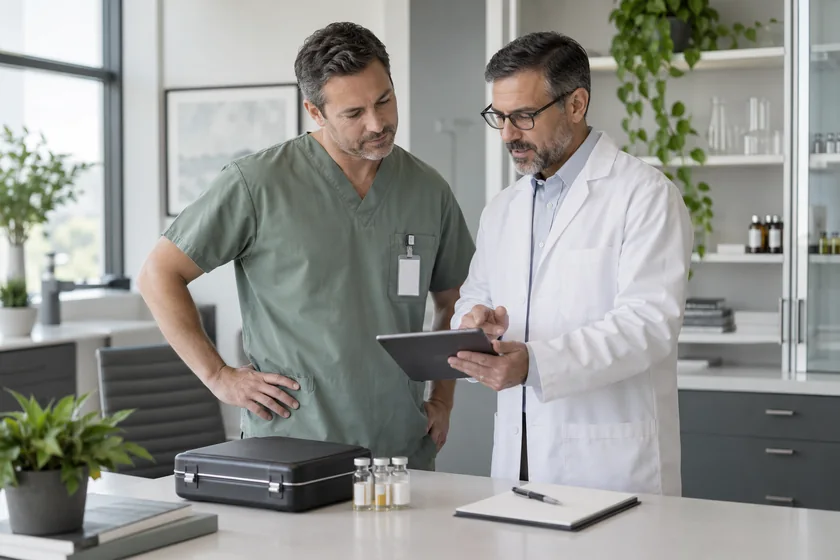 Men’s Sexual Health / ED Illustrative image: Medical practice owner and pharmacist reviewing sourcing options