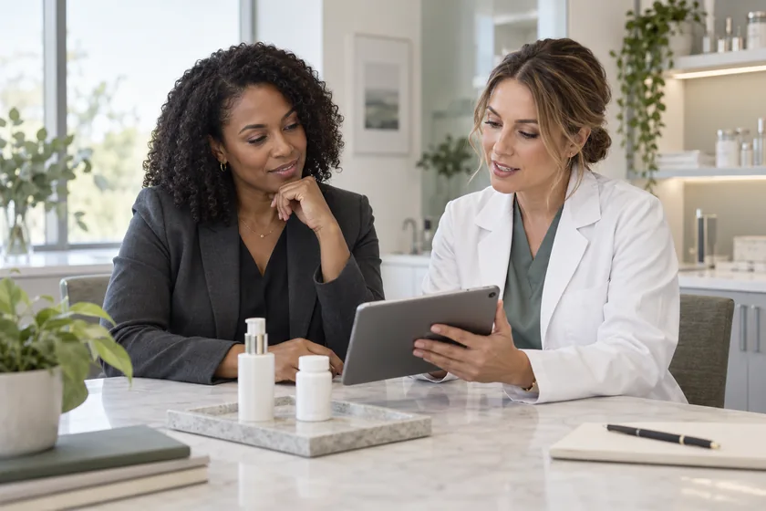 Women’s Health Illustrative image: Practice owner and pharmacist discussing product options