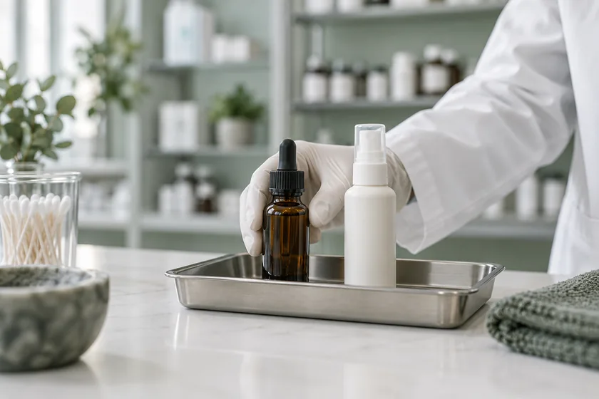 Hair Restoration Illustrative image: Pharmacy dropper bottle and topical spray dispenser