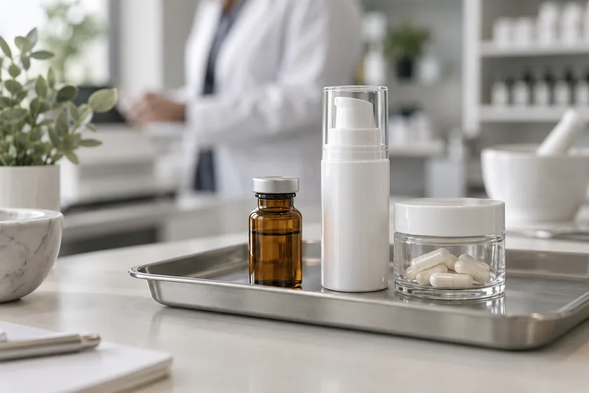 Hormone Optimization / TRT Illustrative image: Pharmacy vial, topical dispenser and capsules representing formulation formats