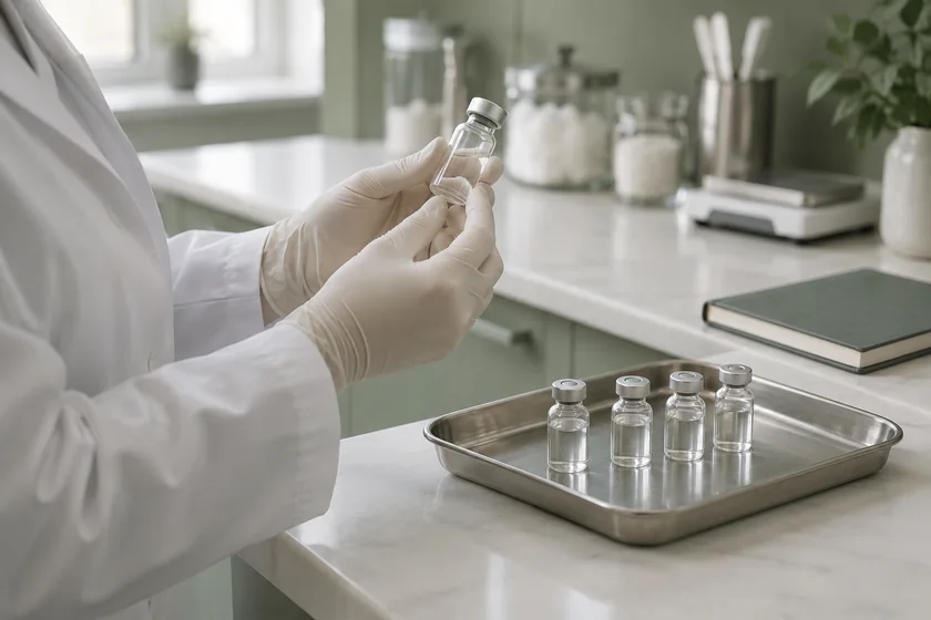 Longevity & Anti-Aging Illustrative image: Pharmacist inspecting a vial in a compounding pharmacy