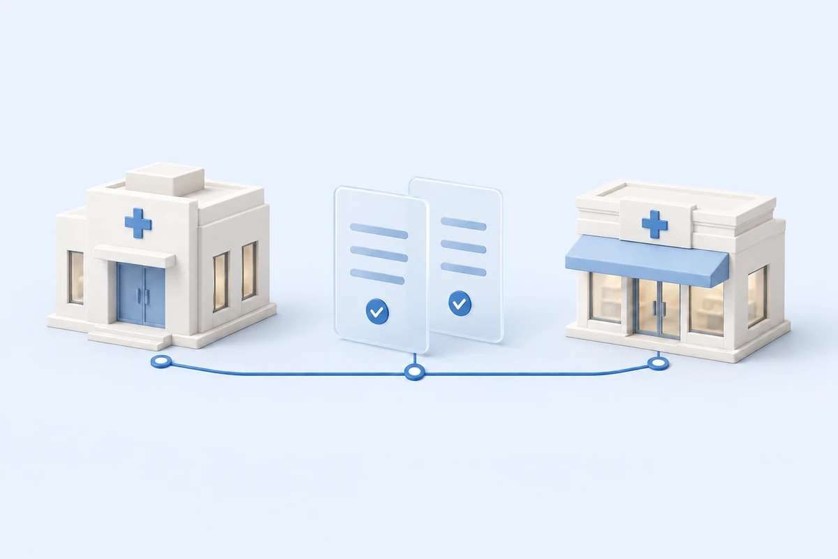 Connecting your practice with pharmacy options Conceptual illustration connecting a healthcare practice, comparison panels and an independent pharmacy