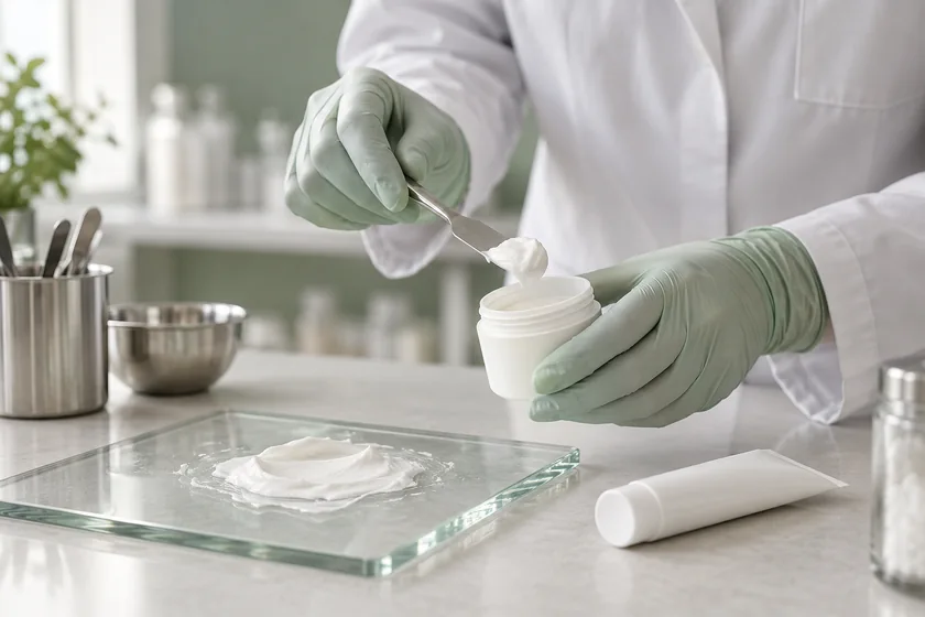 Dermatology Illustrative image: Pharmacist preparing a topical cream in a compounding workspace