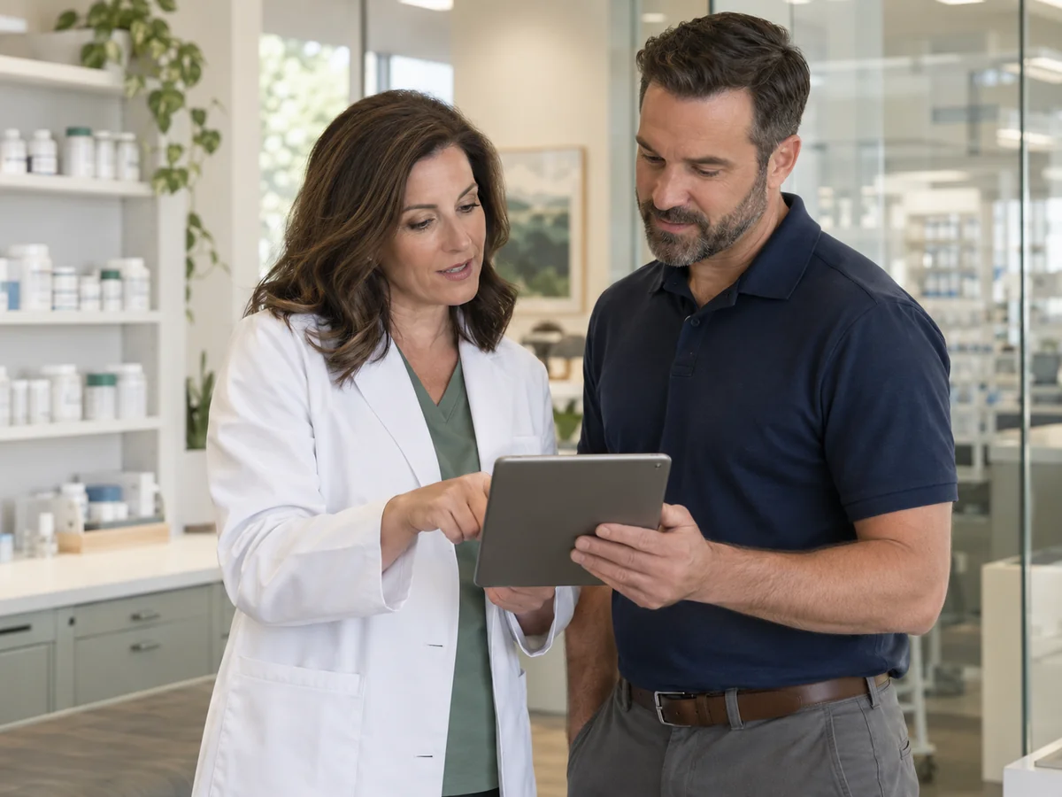 Connecting pharmacies and healthcare practices Illustrative image of a pharmacist and pharmacy manager reviewing a tablet together