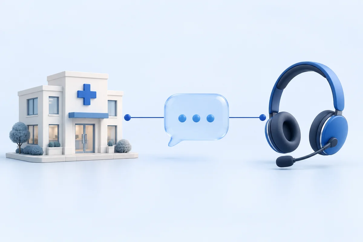 Illustration of a medical practice connected to a conversation and a blue support headset.
