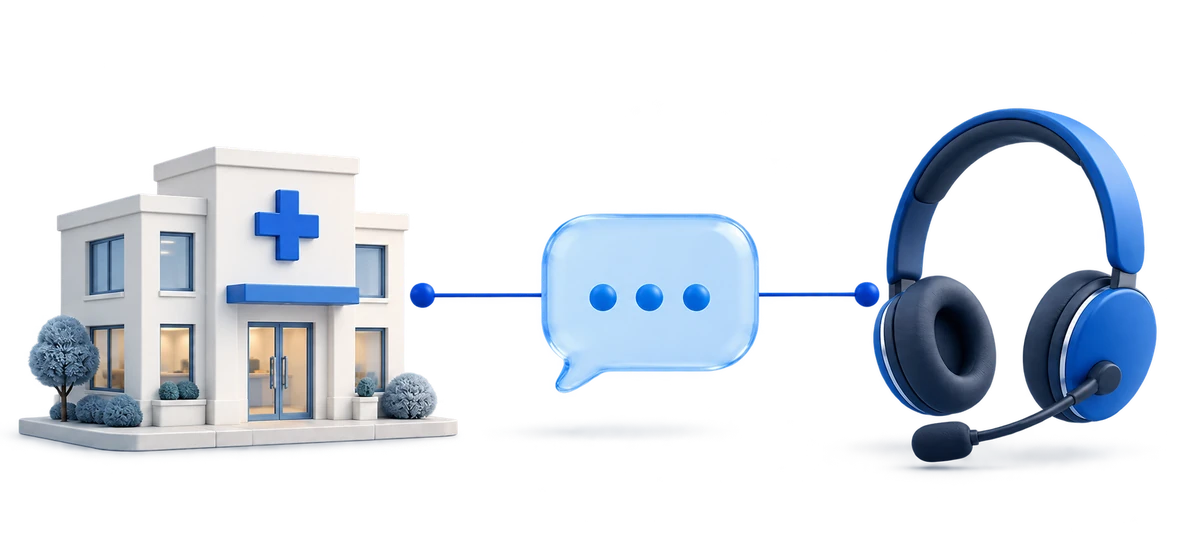Illustration of a medical practice connected to a conversation and a blue support headset.