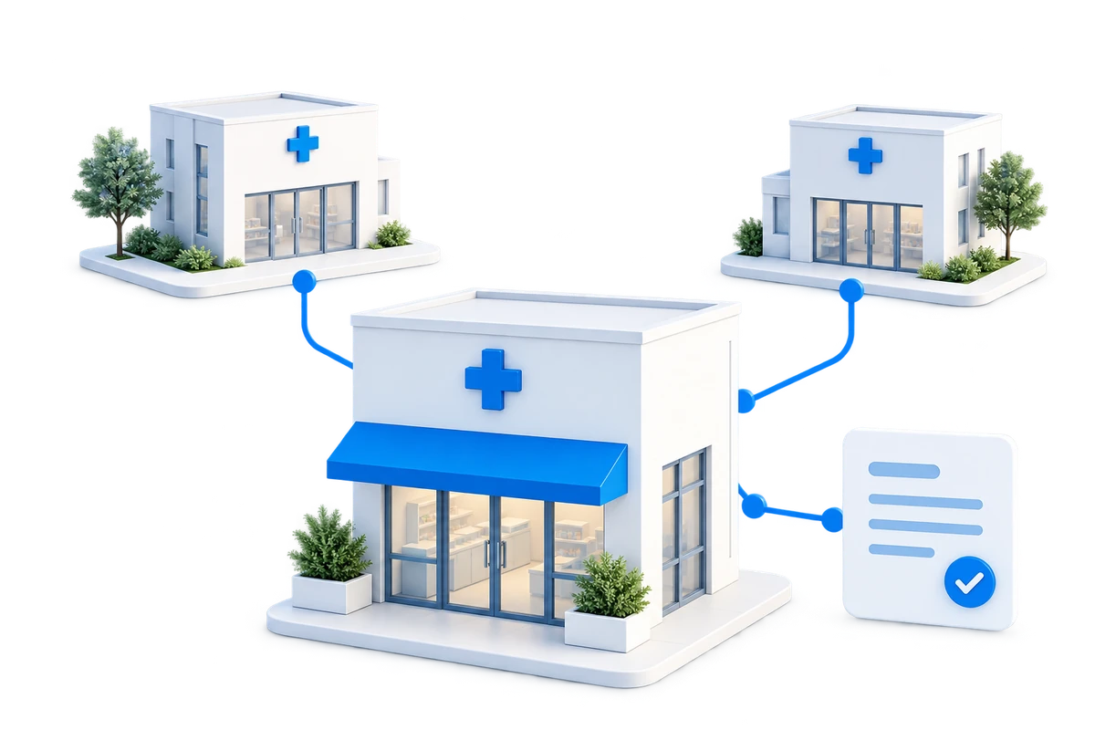 Illustration of a pharmacy connected to healthcare practices and a service catalog.