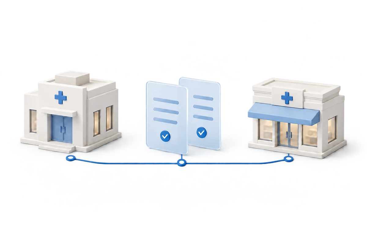 Illustration of a medical practice connected to pharmacy options through a comparison process.