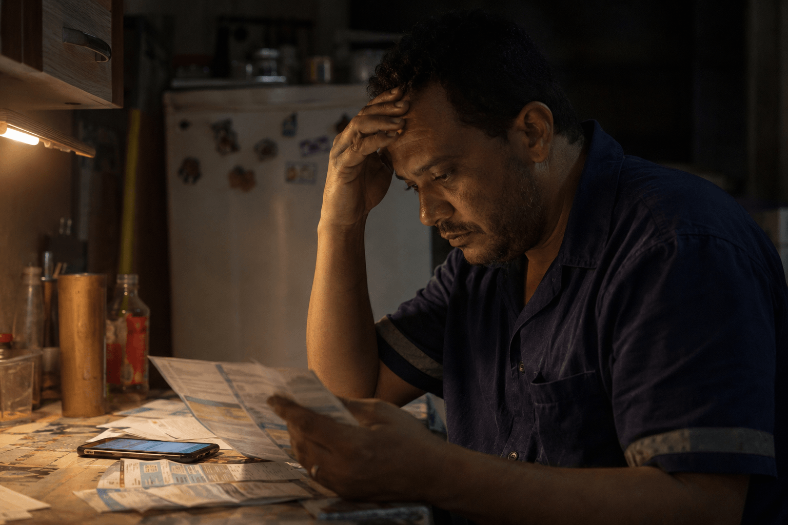 Homem cansado fazendo contas na cozinha à noite