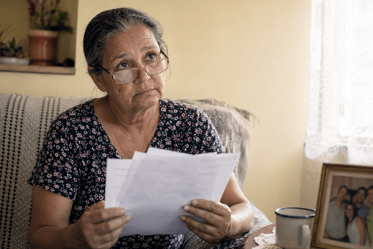 Senhora preocupada analisando extrato da aposentadoria