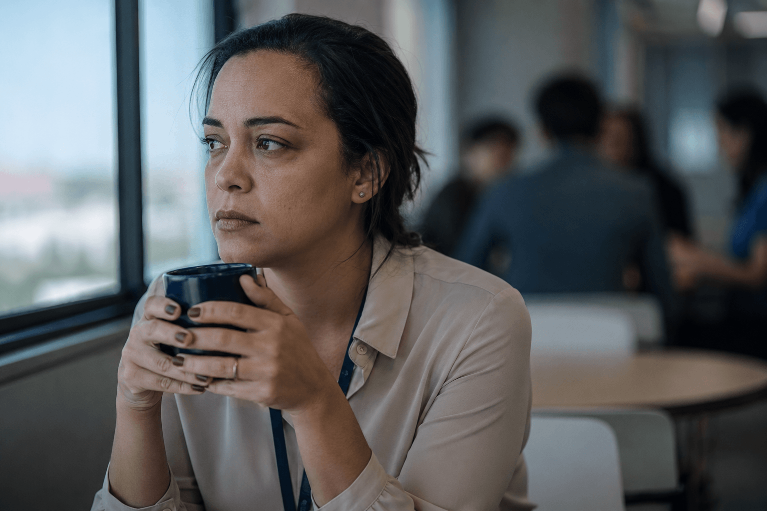 Mulher apreensiva no intervalo do trabalho