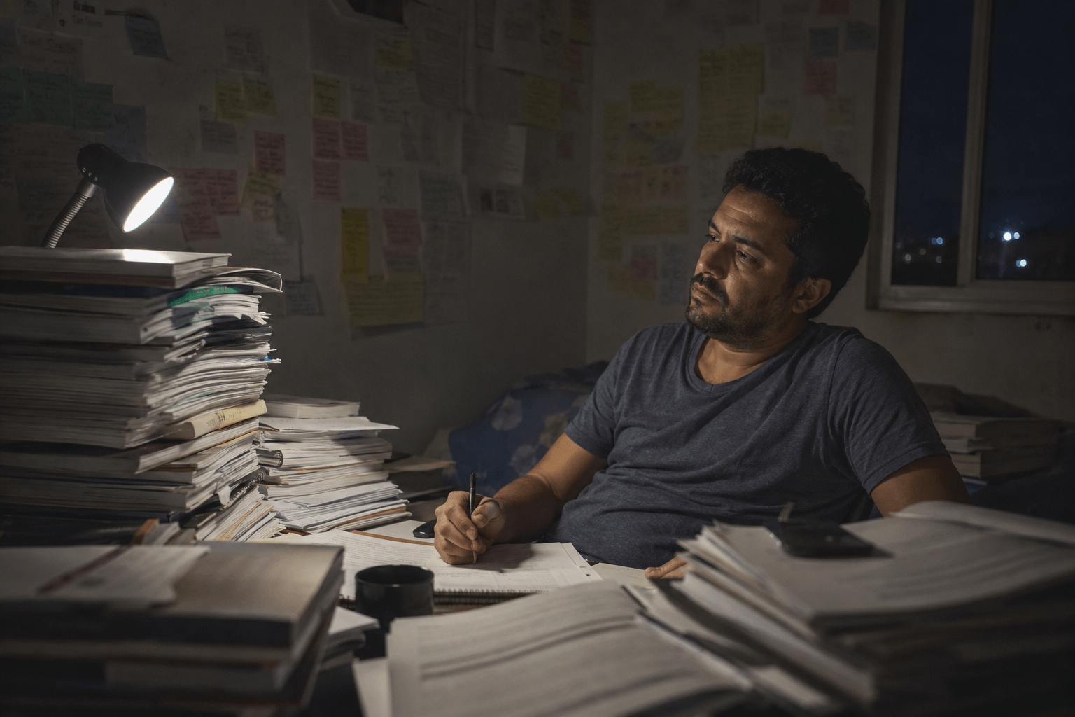 Homem exausto cercado de apostilas de concurso