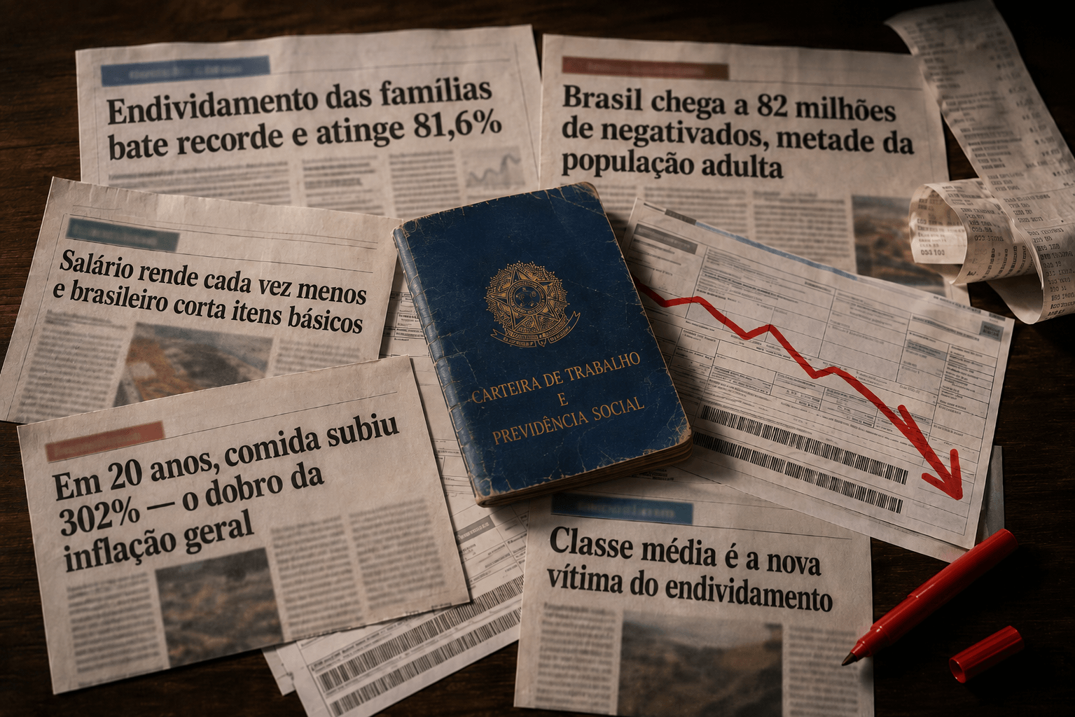 Manchetes reais sobre endividamento recorde e perda de poder de compra do brasileiro, com a carteira de trabalho ao centro