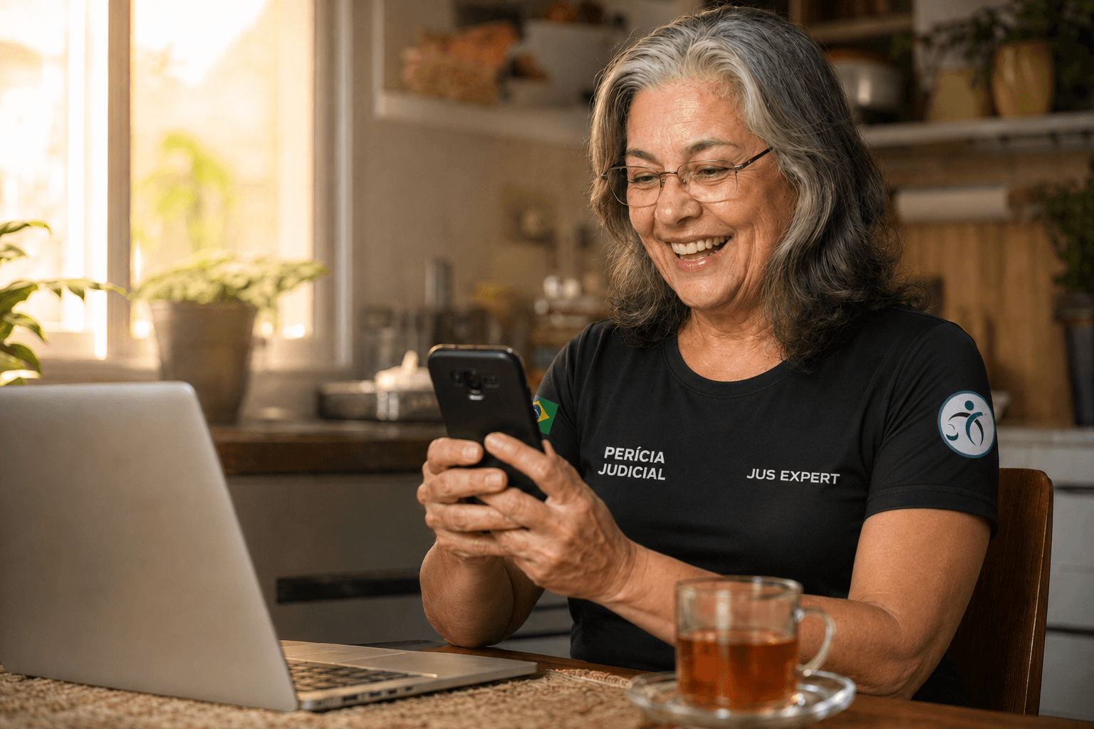 Perita recebendo a notícia da nomeação no celular