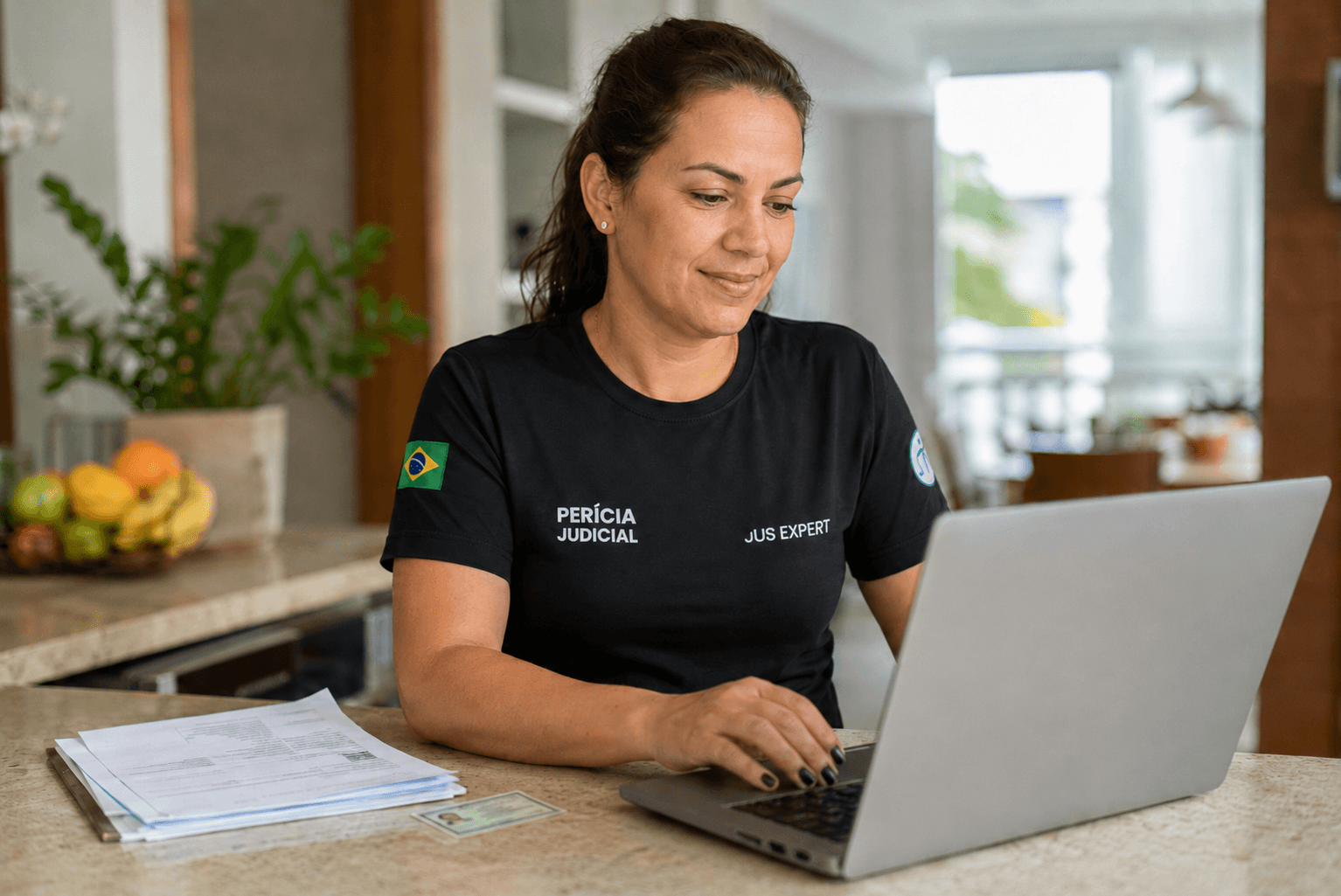 Perita preenchendo o cadastro nos tribunais pelo notebook