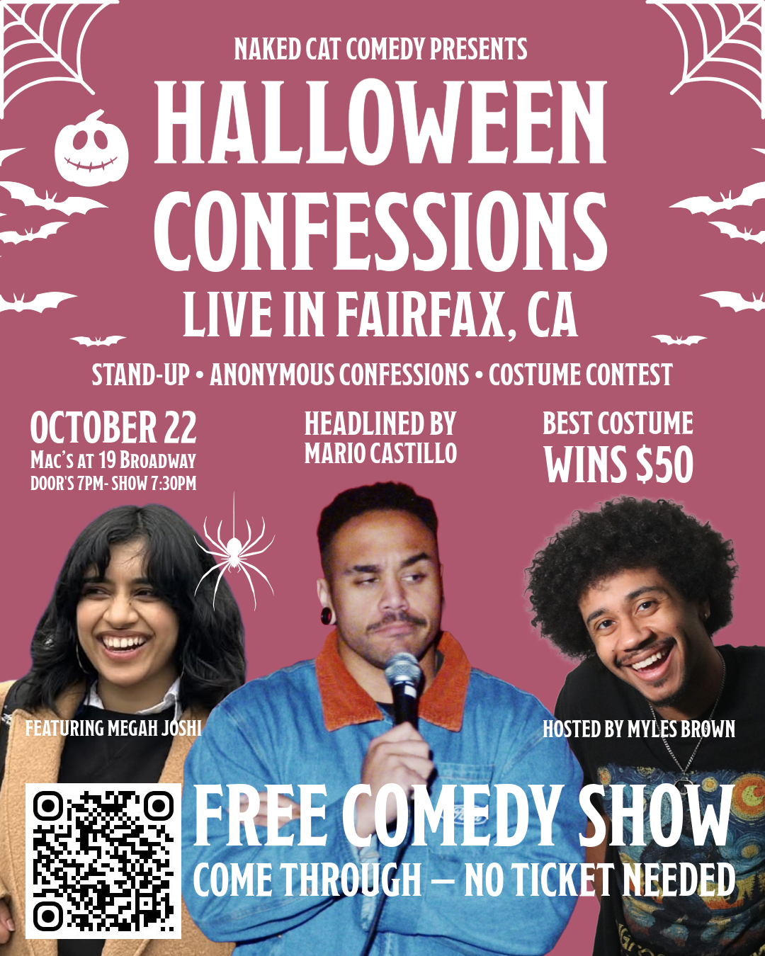 Naked Cat Comedy presents Halloween Confessions free show flyer, October 22 at Mac’s at 19 Broadway
