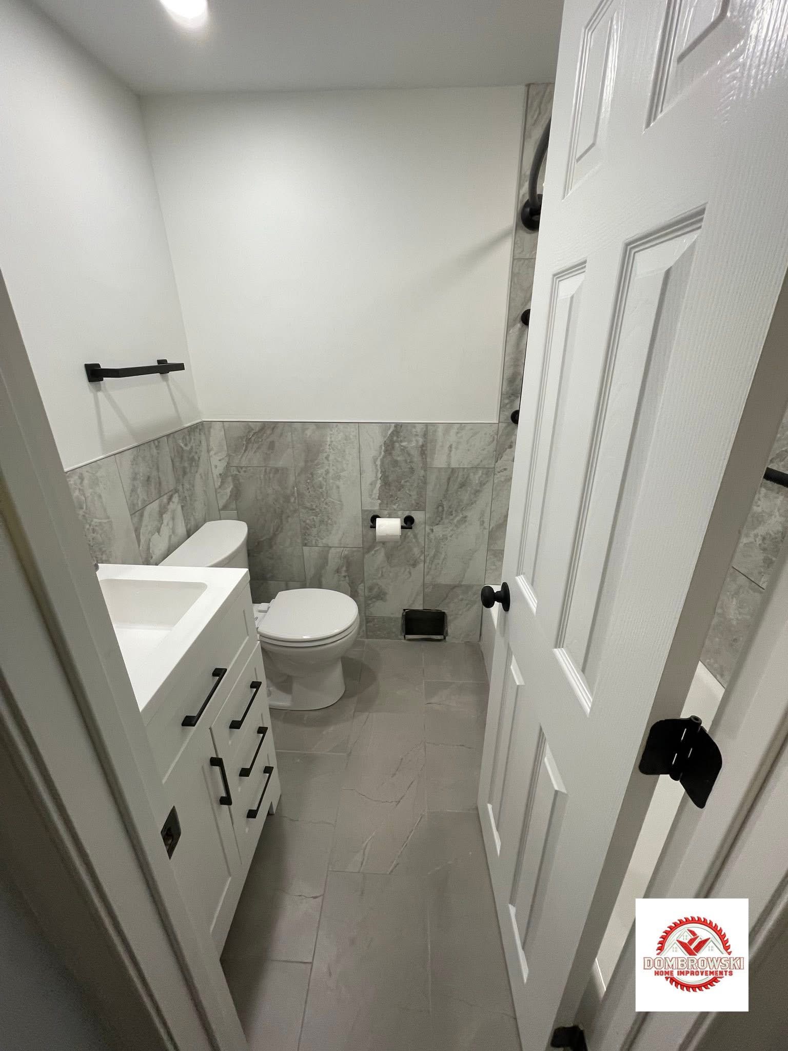 Gray and white bathroom remodel, Dombrowski Home Improvements Bucks County PA