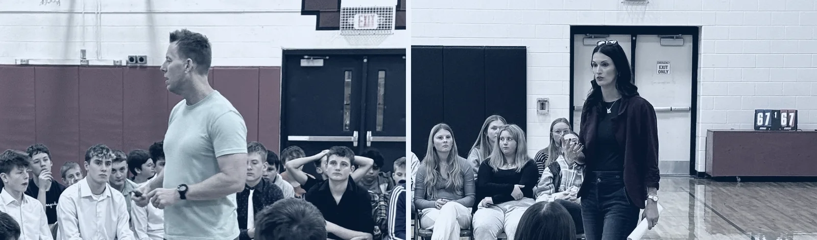 Nick speaking with a group of boys and Megan speaking with a group of girls in a school gym