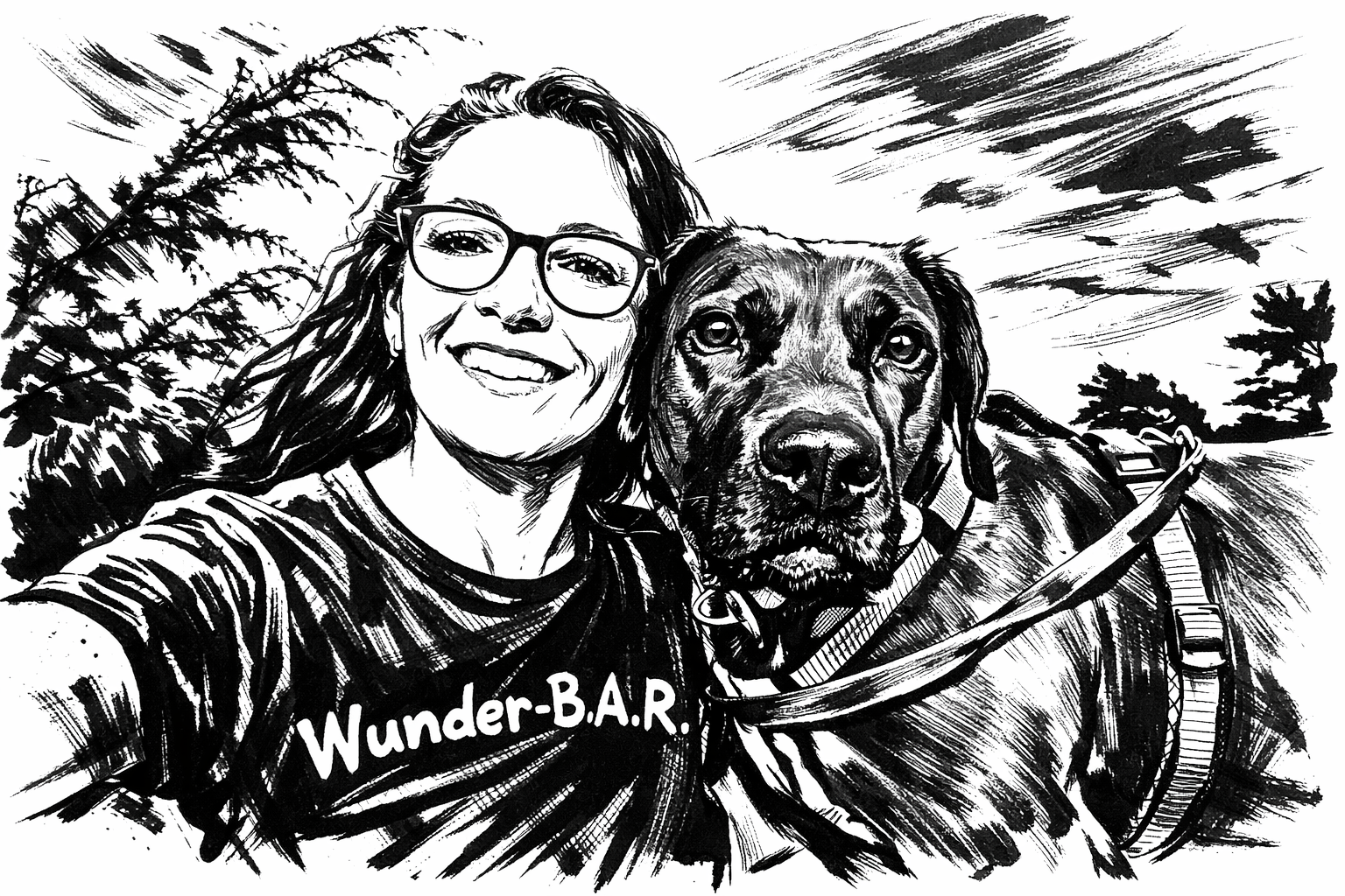 Katja mit Laptop auf der Terrasse eines dänischen Ferienhauses, Journals und Stifte auf dem Tisch, Hund im Hintergrund – kreativer Arbeitsalltag in entspannter Atmosphäre.