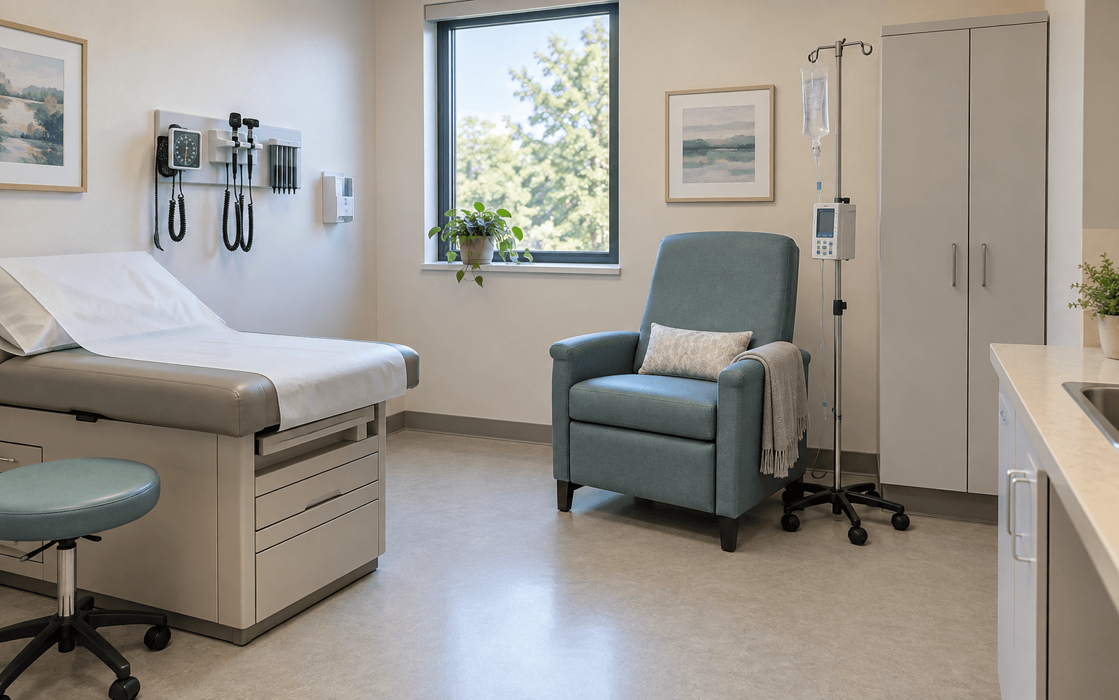 An existing exam room set up efficiently as an IV suite