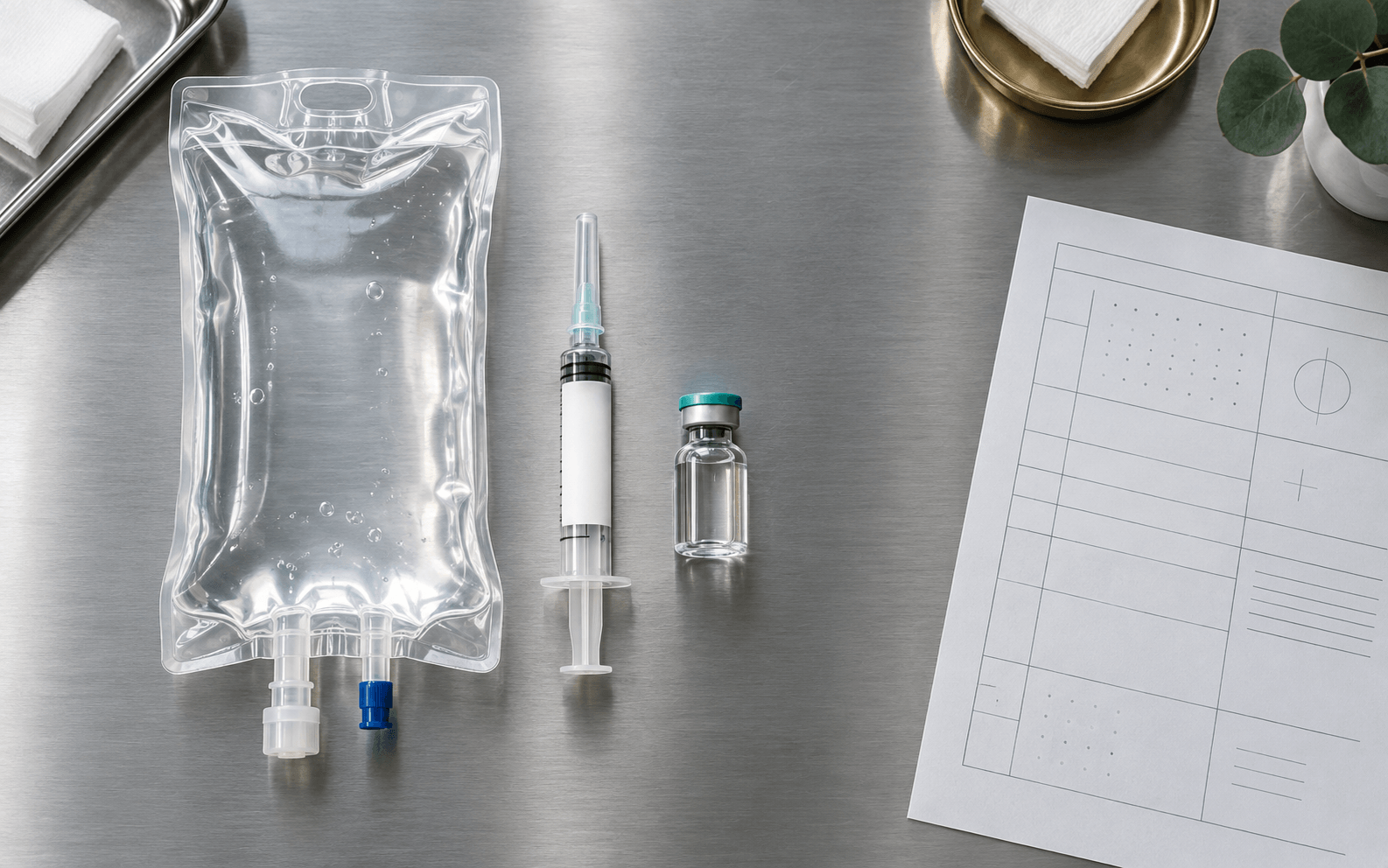 Sterile IV compounding supplies and a reference chart laid out on a clinical surface