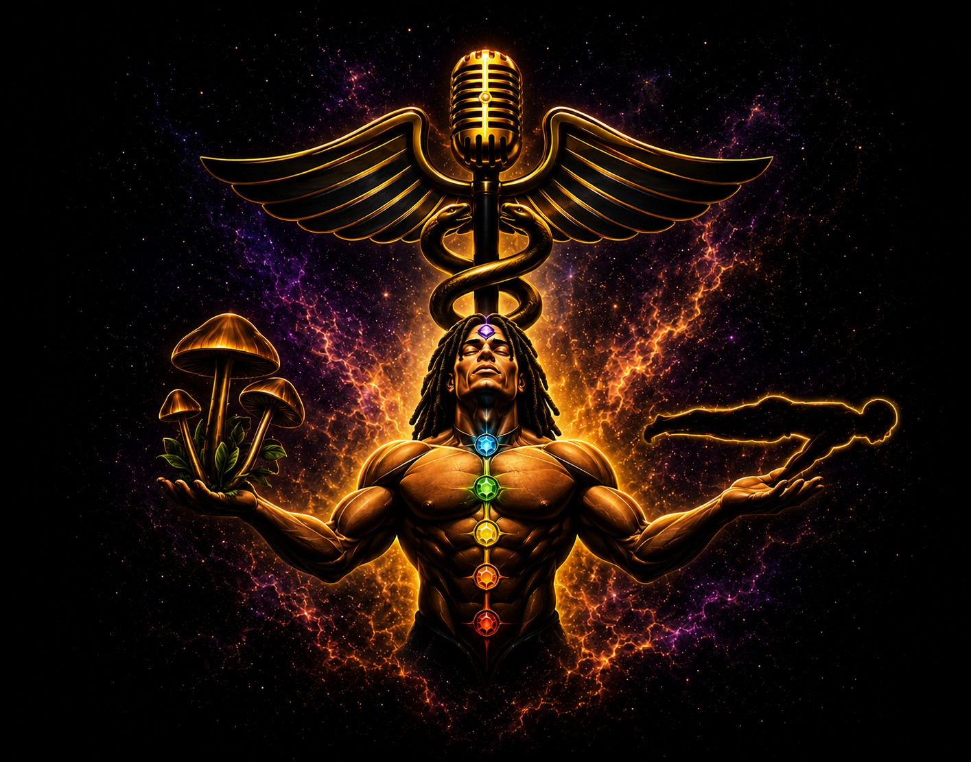 A powerful digital illustration of a muscular man meditating beneath a golden microphone caduceus symbol with chakra energy centers, holding psychedelic mushrooms in one hand and a planche silhouette in the other, representing consciousness, physical mastery, health, and spiritual awakening.