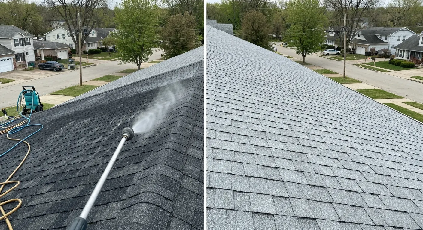 Soft washing black streaks and algae from roof