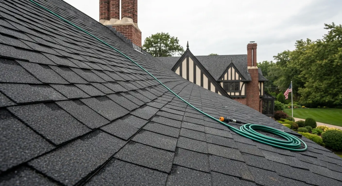 Soft roof wash removing algae stains