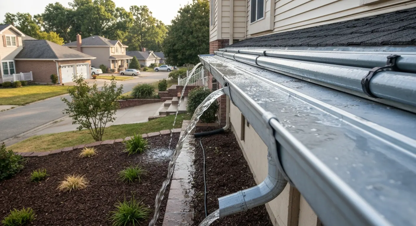 Gutter system protecting home foundation from water damage