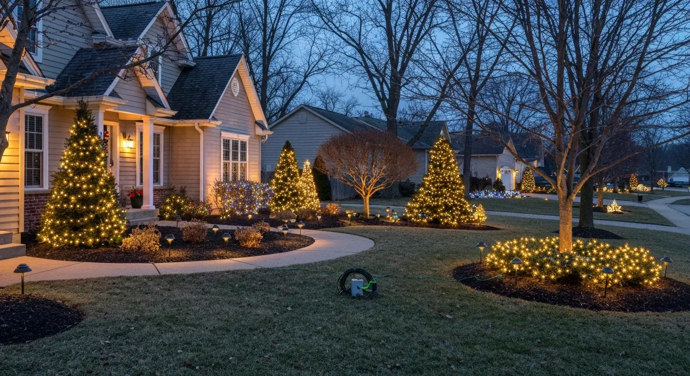 Yard landscape Christmas light display