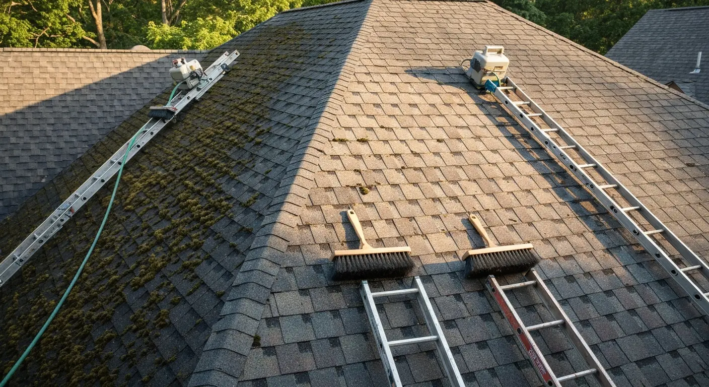 Soft washing roof cleaning
