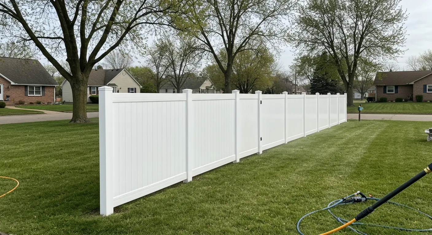 Clean vinyl fence in suburban setting