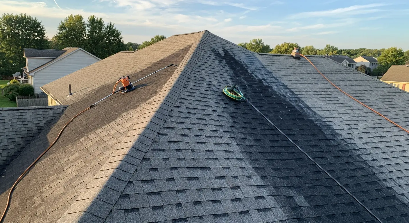 Roof soft washing showing bacteria removal