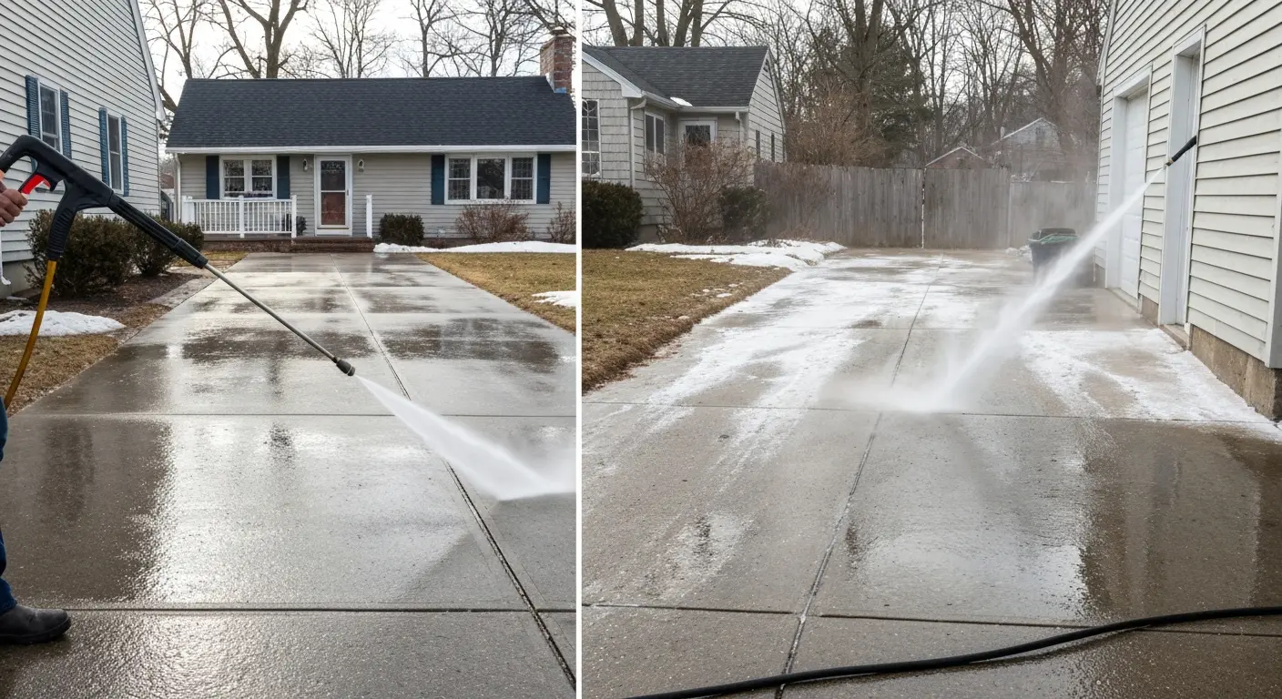 Pressure washing driveway with salt stain removal