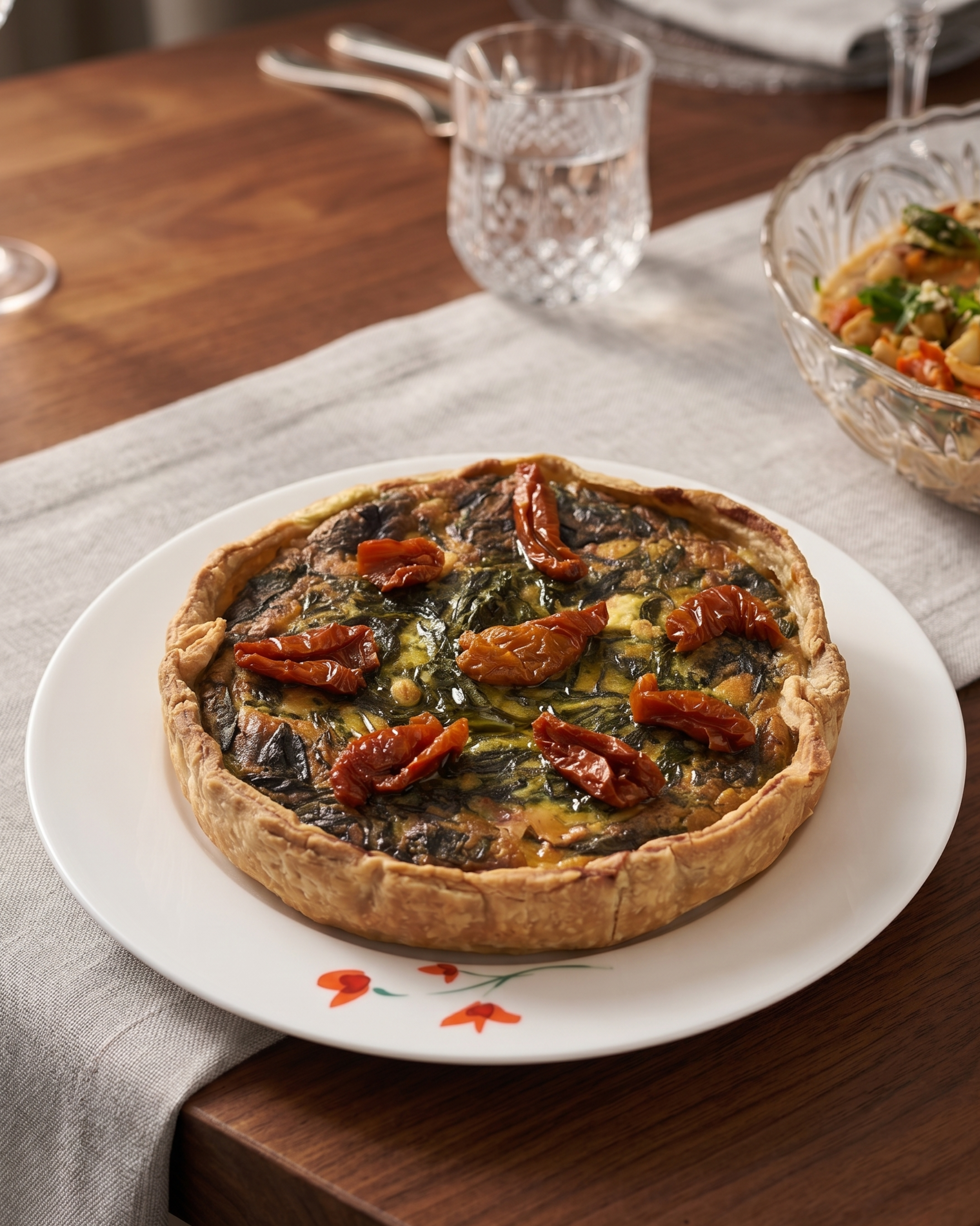 A savory, seasonally driven quiche topped with sun-dried tomatoes and herbs, showcasing custom catering menus for gatherings in Portland, Maine.