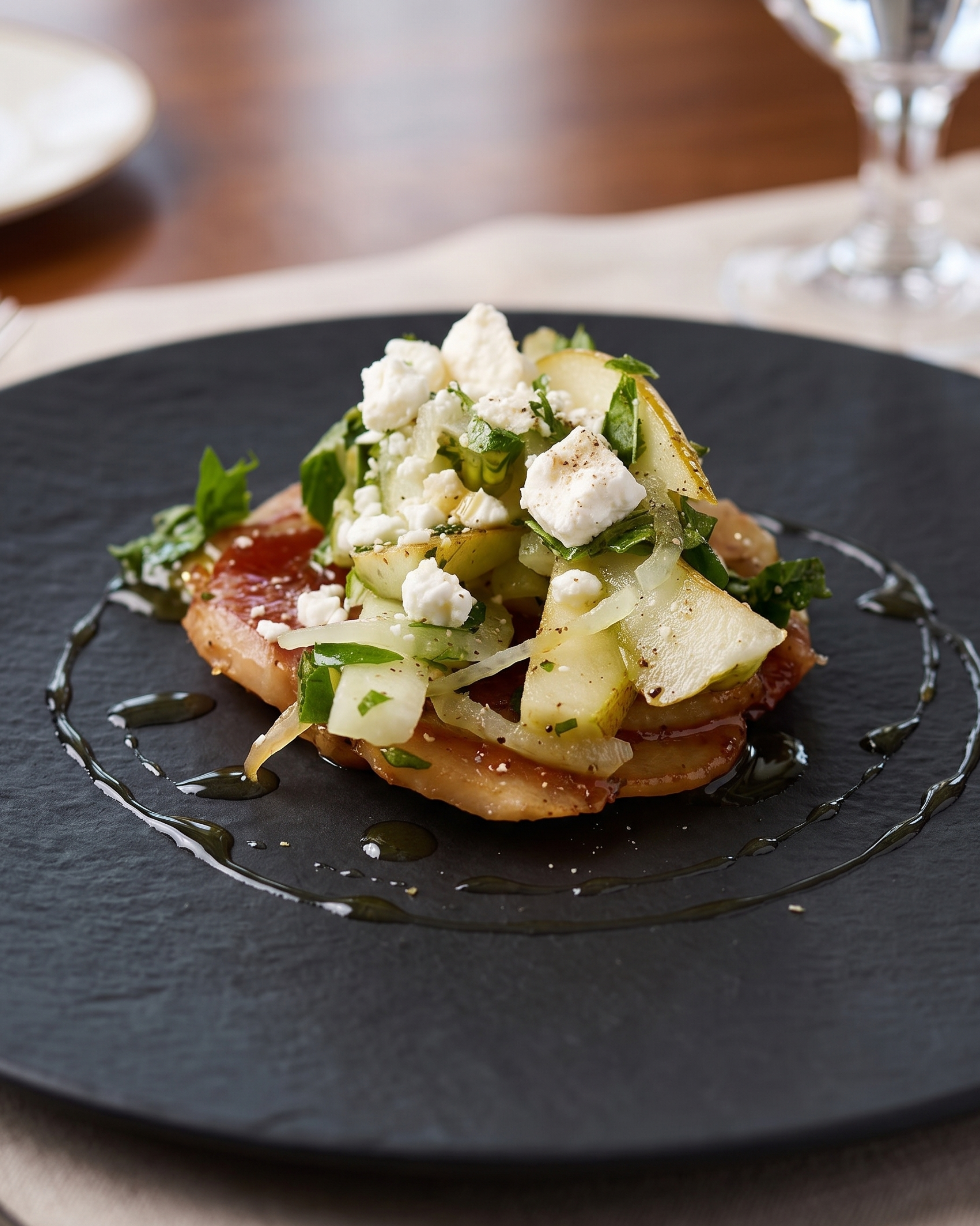 An elegantly plated appetizer featuring fresh apples, goat cheese, and greens on a dark slate plate, highlighting upscale private chef experiences.