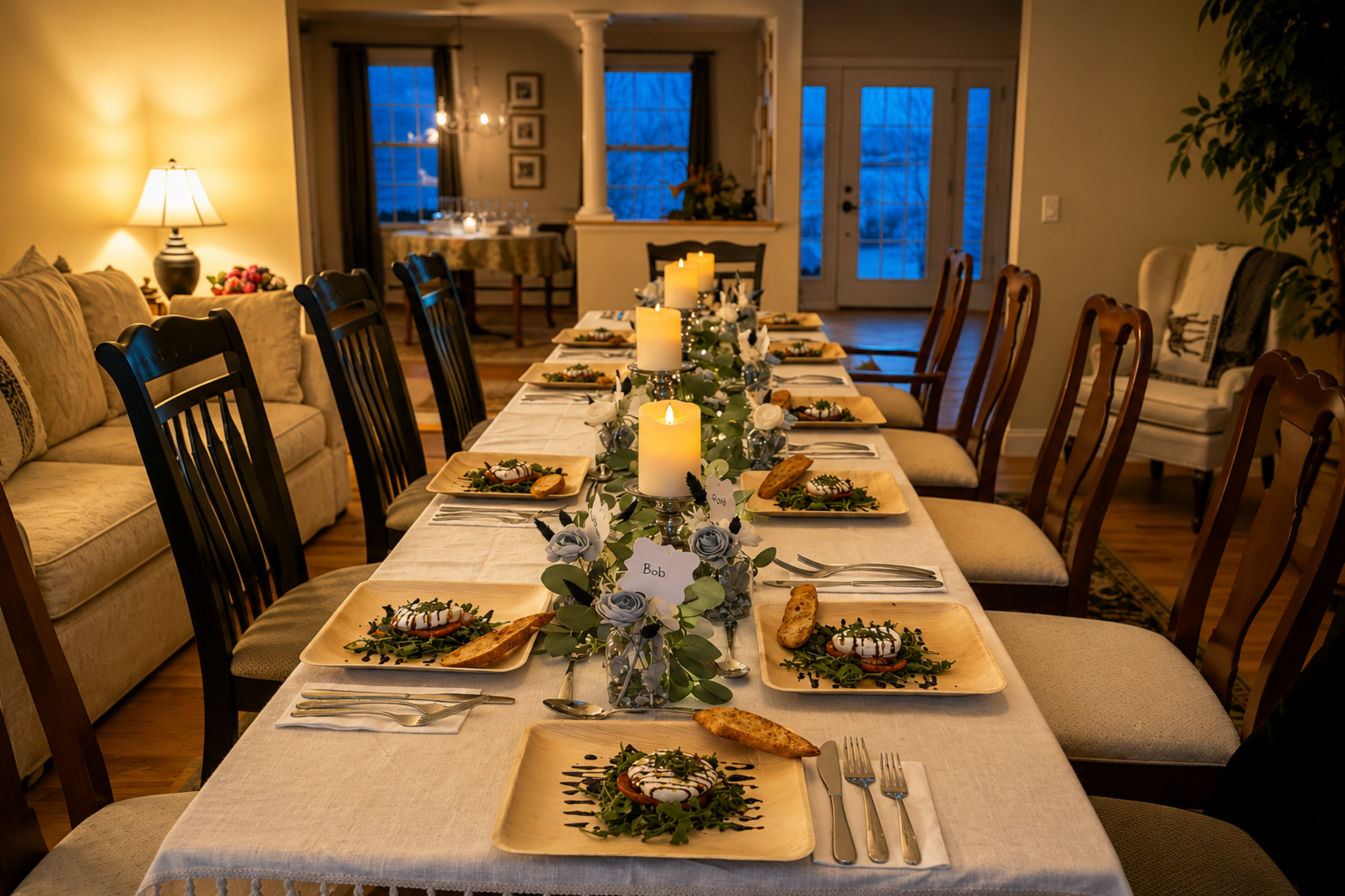 An intimately lit dining room with a long table beautifully set for a private chef dinner celebration or anniversary party in Maine.