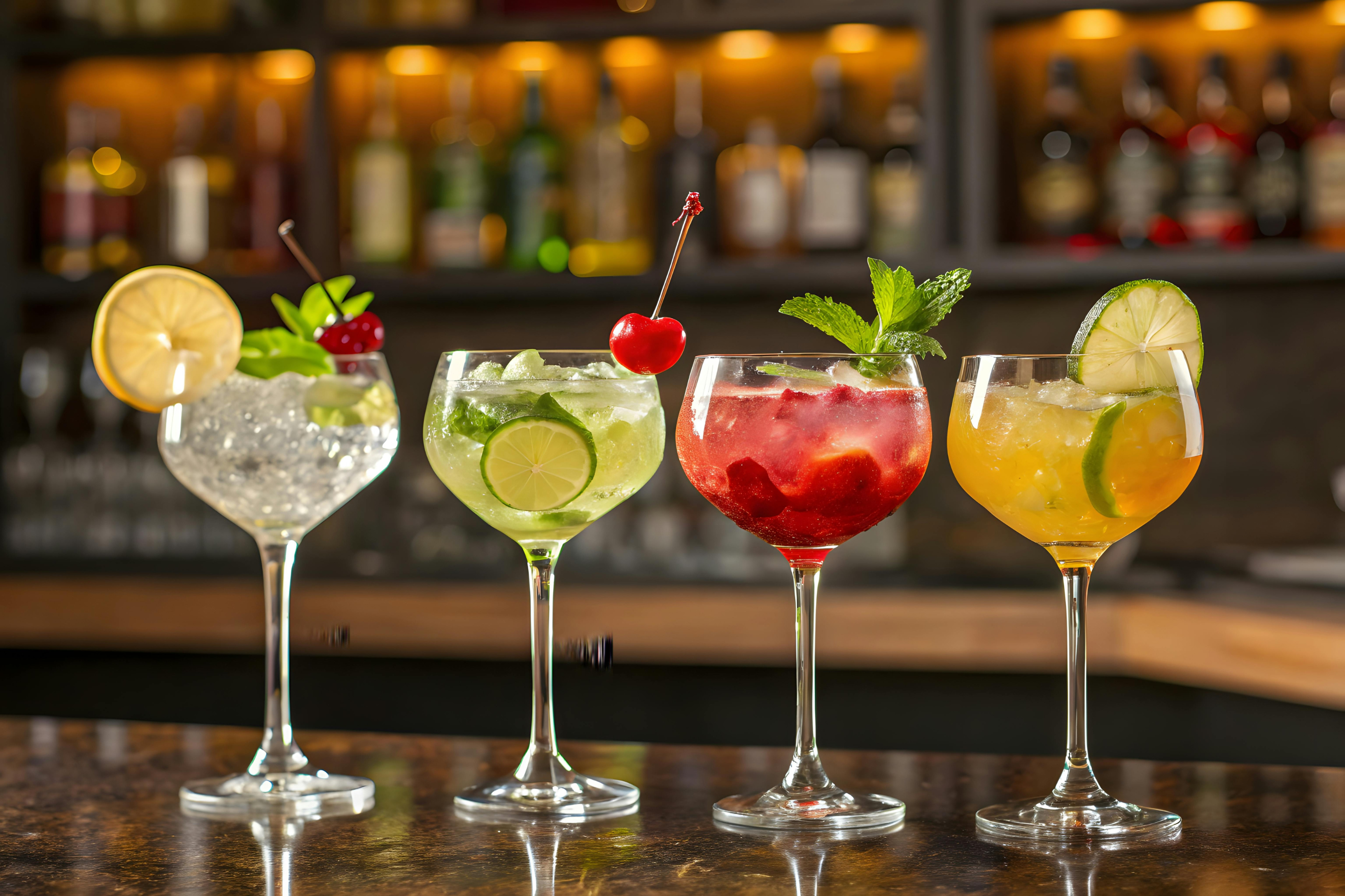 Four beautifully garnished seasonal cocktails lined up on a bar top, showcasing customized beverage menus and mocktails for New England events.