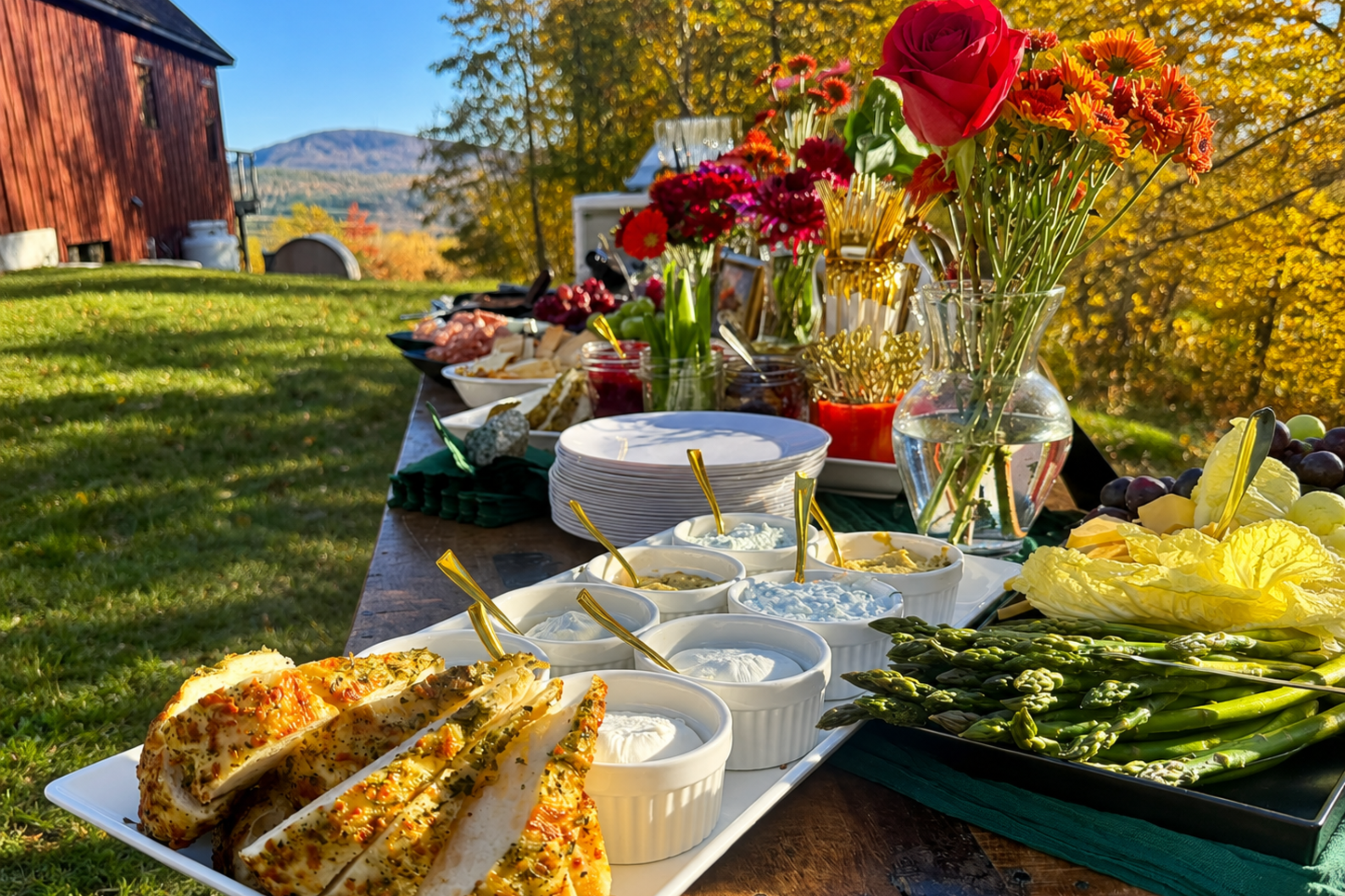 An outdoor patio catering station filled with gourmet appetizers, perfect for corporate networking events and business celebrations.