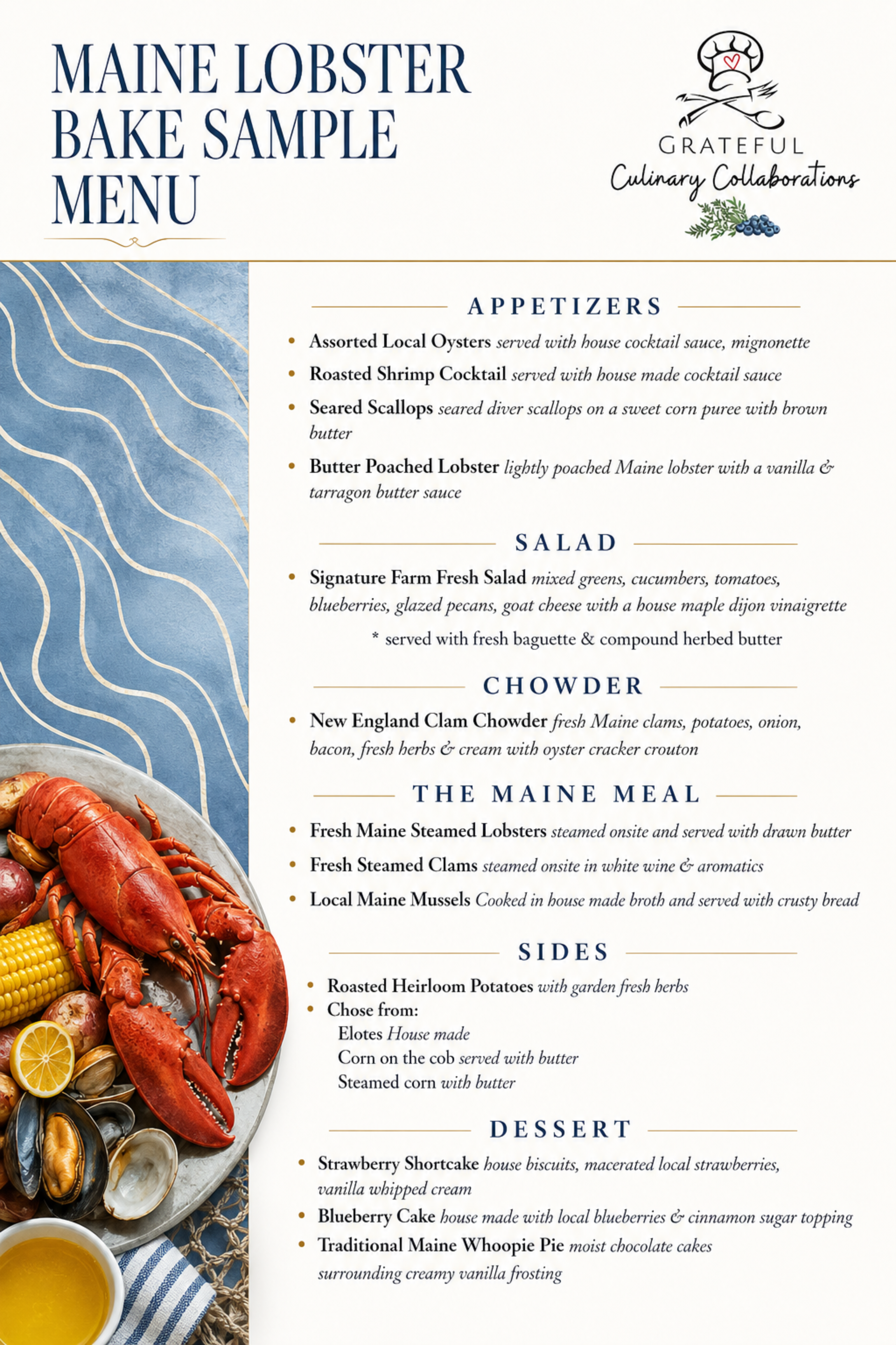 Maine Lobster Bake Sample Menu