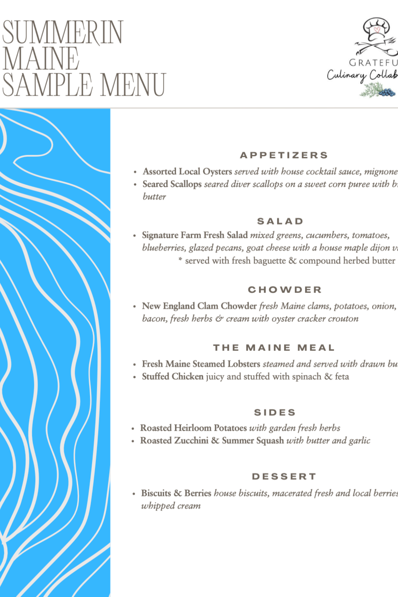 Summer in Maine Sample Menu