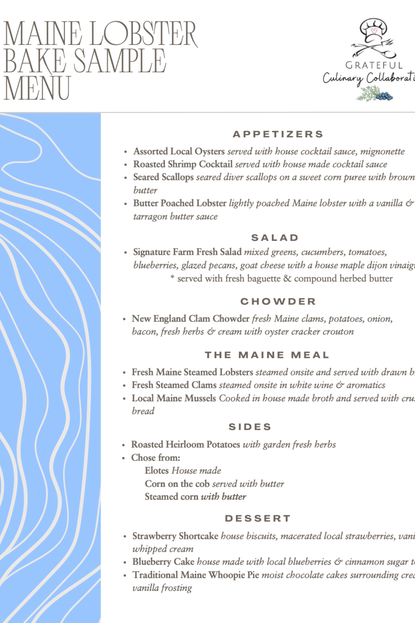 Maine Lobster Bake Sample Menu
