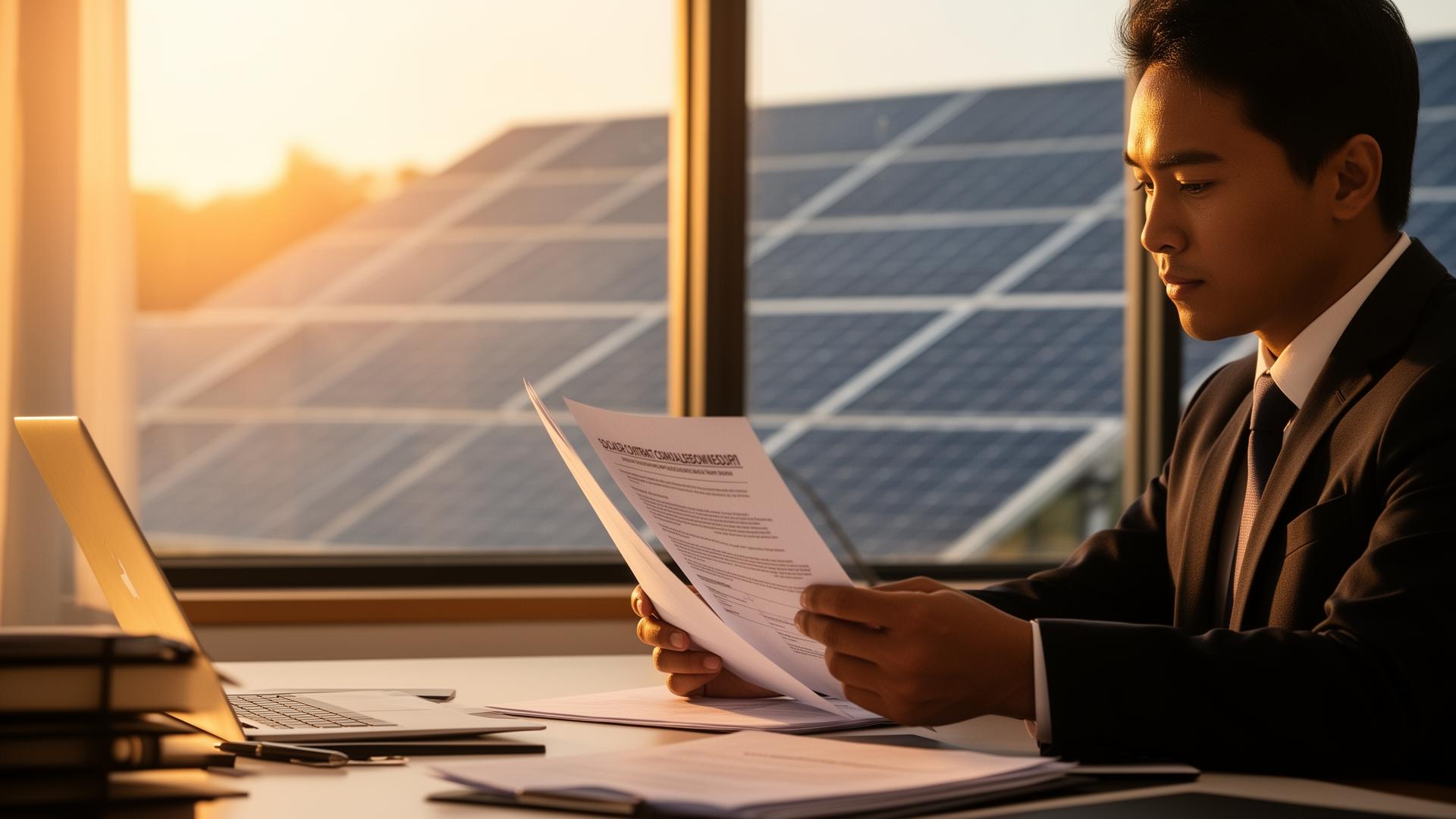 Man reviewing a solar contract beside panels