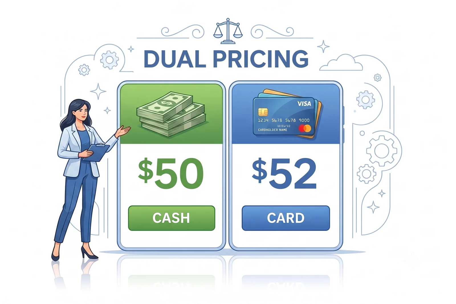 A cash price of 50 dollars and a card price of 52 dollars posted side by side