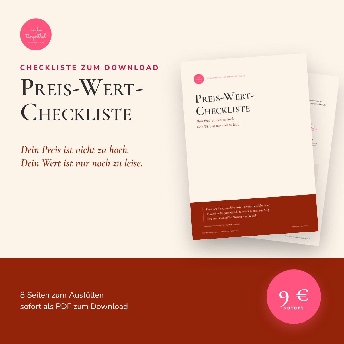 Preis-Wert-Checkliste von Anika Tüngerthal: 8 Seiten PDF zum Ausfüllen, sofort zum Download für 9 Euro