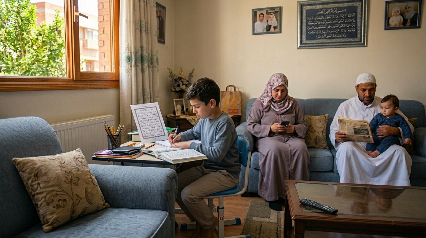 Muslim family at home learning together