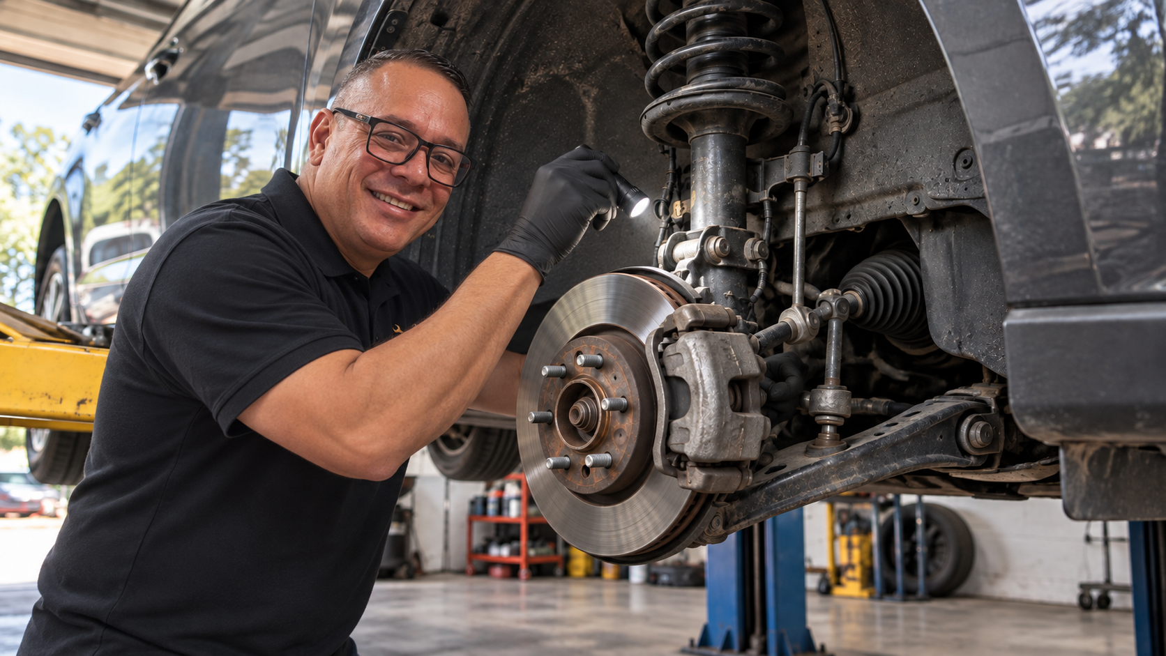 Illustration of Danny inspecting suspension and steering components at Danny Auto Repair in Hudson, Florida.