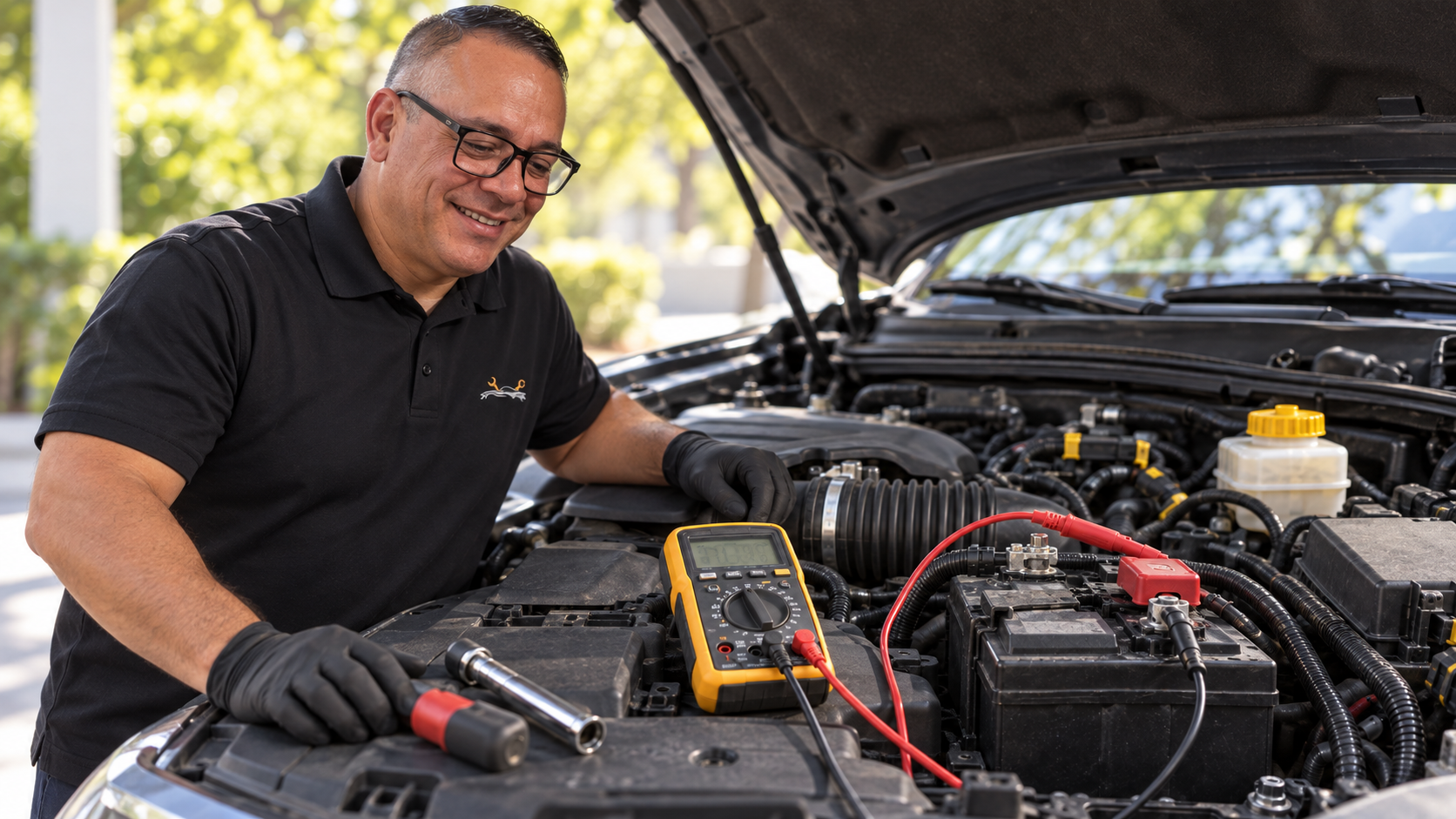 Illustration of Danny tracing an automotive electrical issue at Danny Auto Repair in Hudson, Florida.