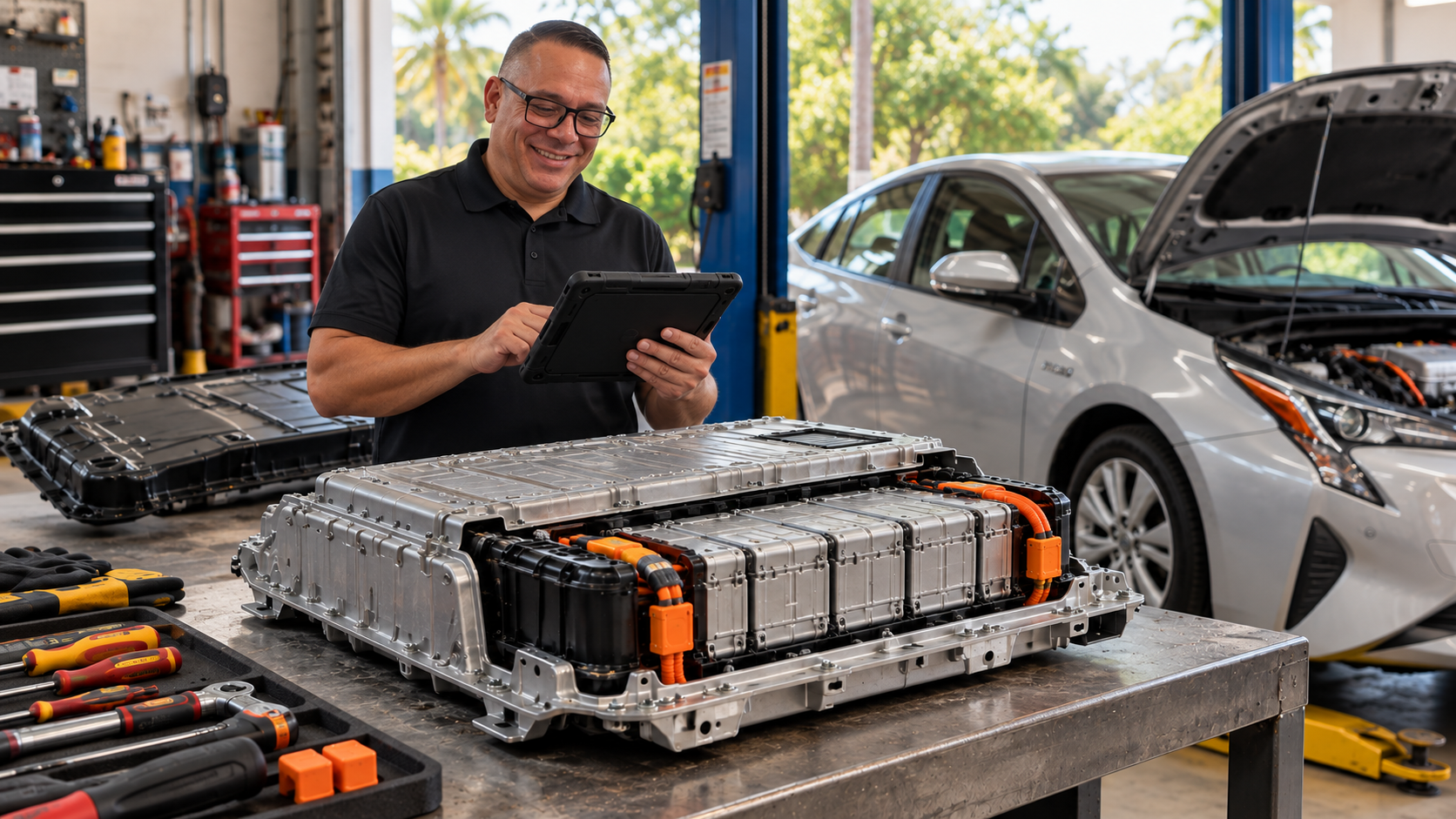 Illustration of Danny inspecting a hybrid battery pack at Danny Auto Repair in Hudson, Florida.